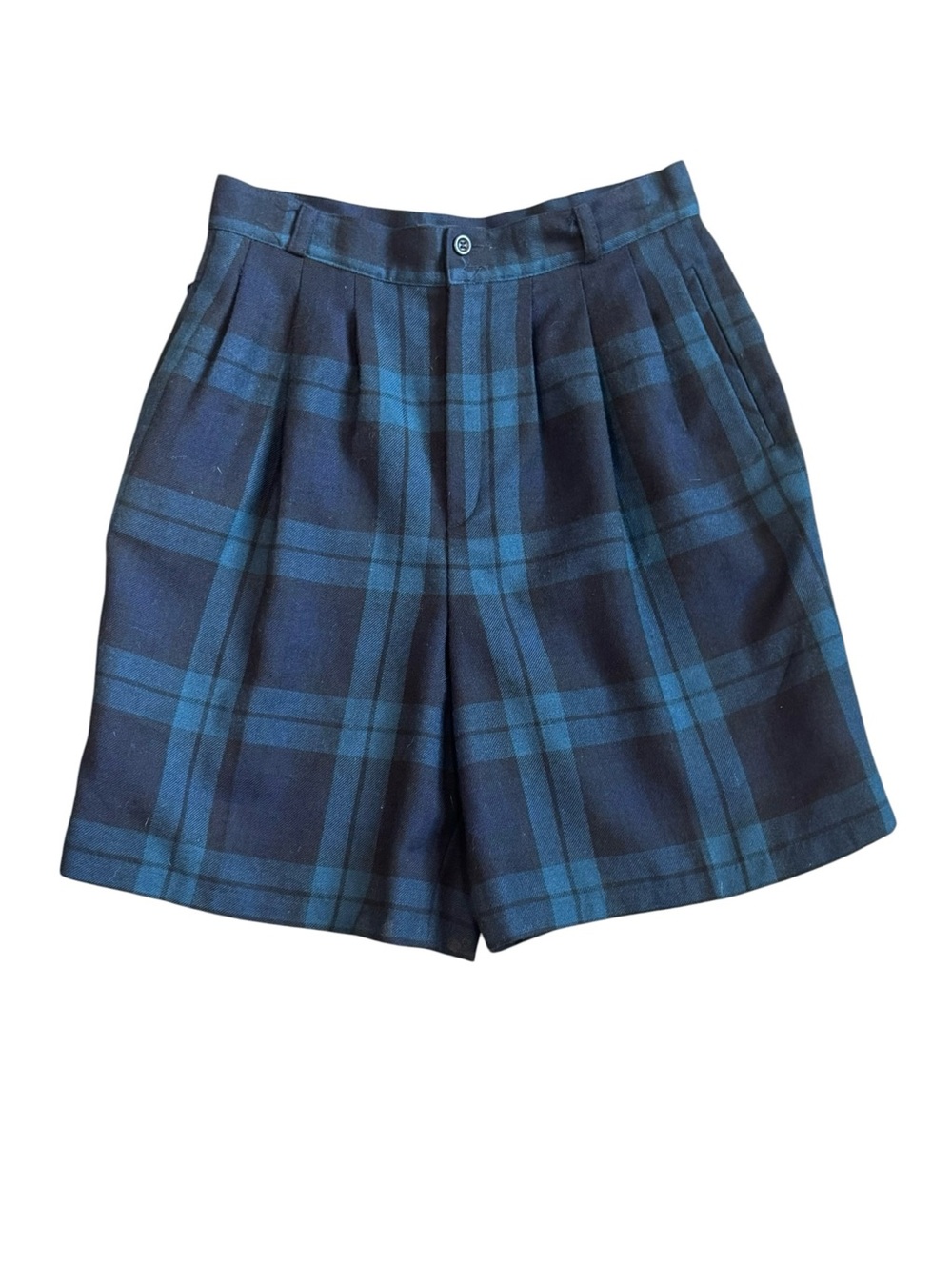 High-Waist Plaid Bermuda Shorts in Navy and Teal